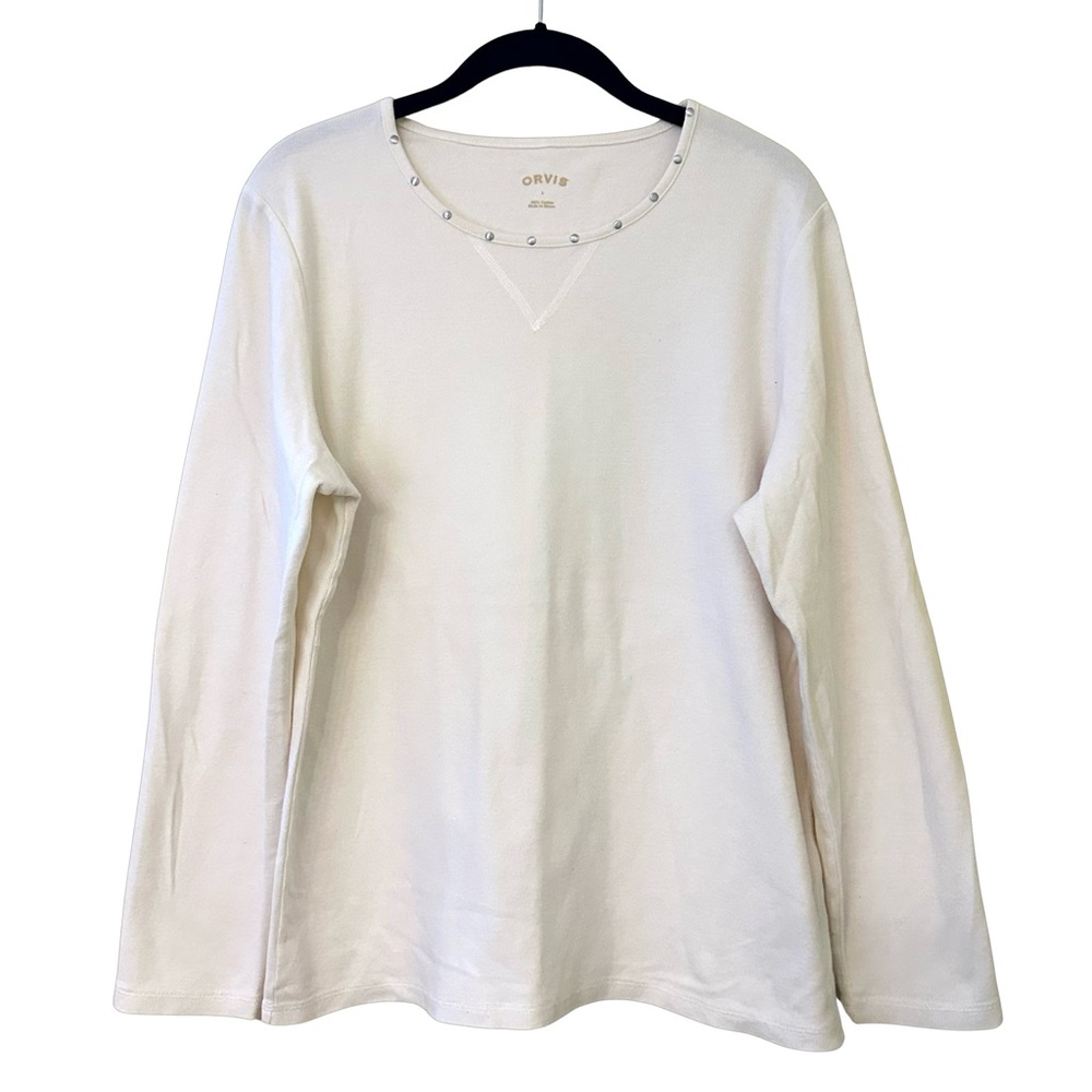 ORVIS Women’s Cream Crew Neck Stud Trim Long Sleeve Henley Size Large